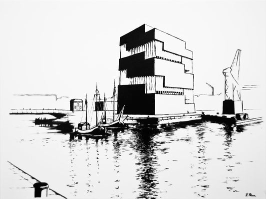 Graphic Eilandje monochrome oil painting on canvas of the MAS Antwerpen