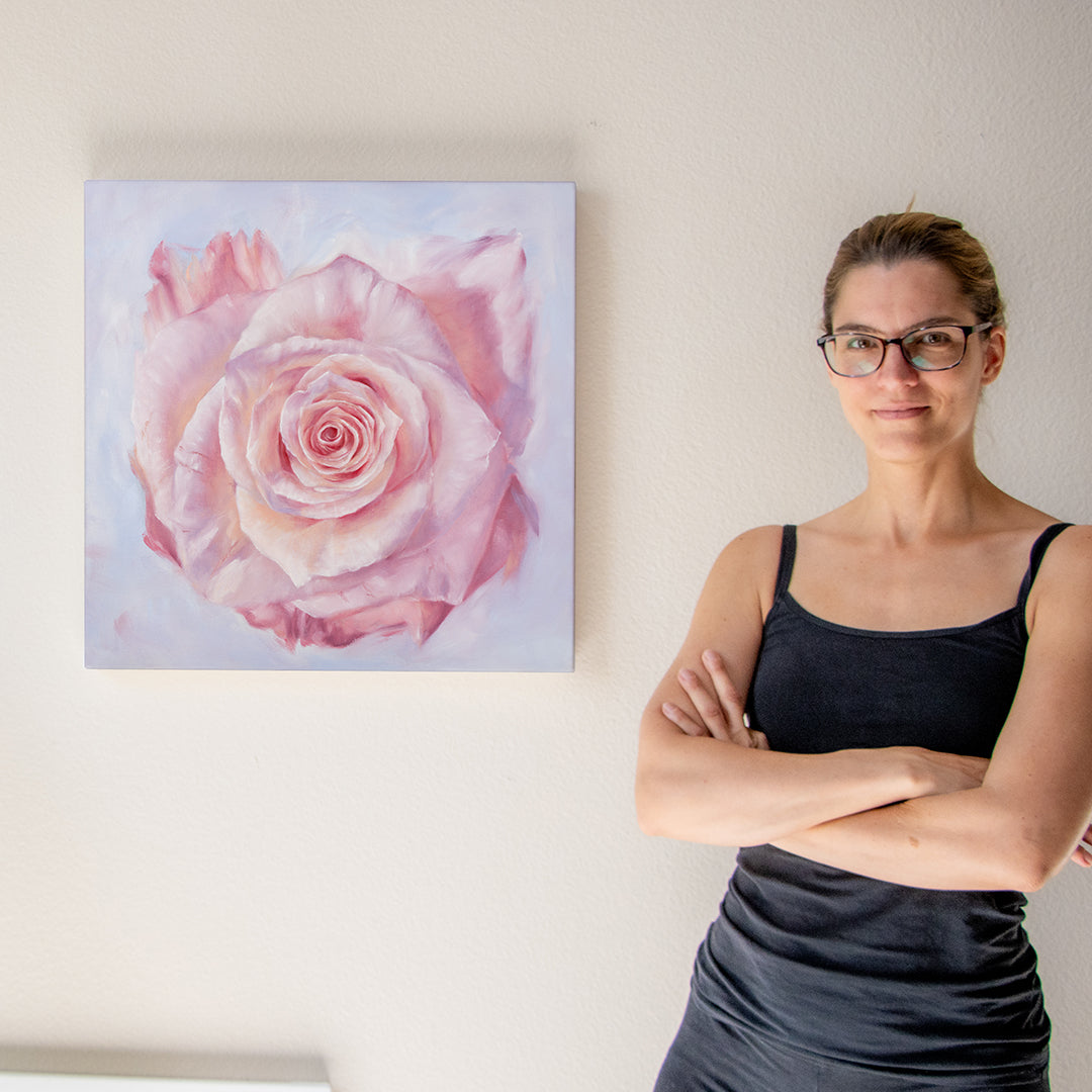 Pink Rose in a Field of Blue - Original Oil Painting by Robyn Palescandolo