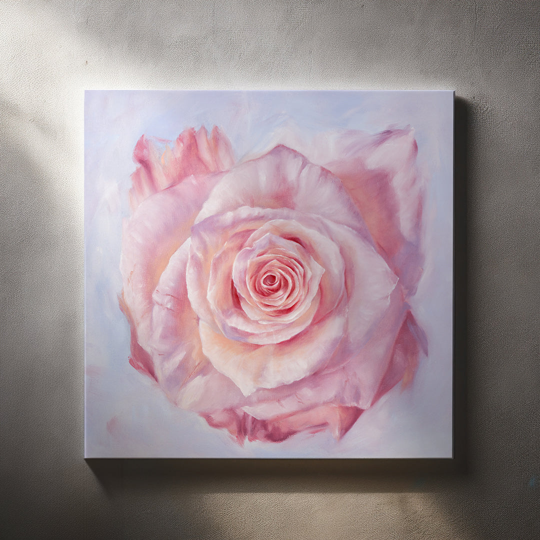 Pink Rose in a Field of Blue - Original Oil Painting by Robyn Palescandolo