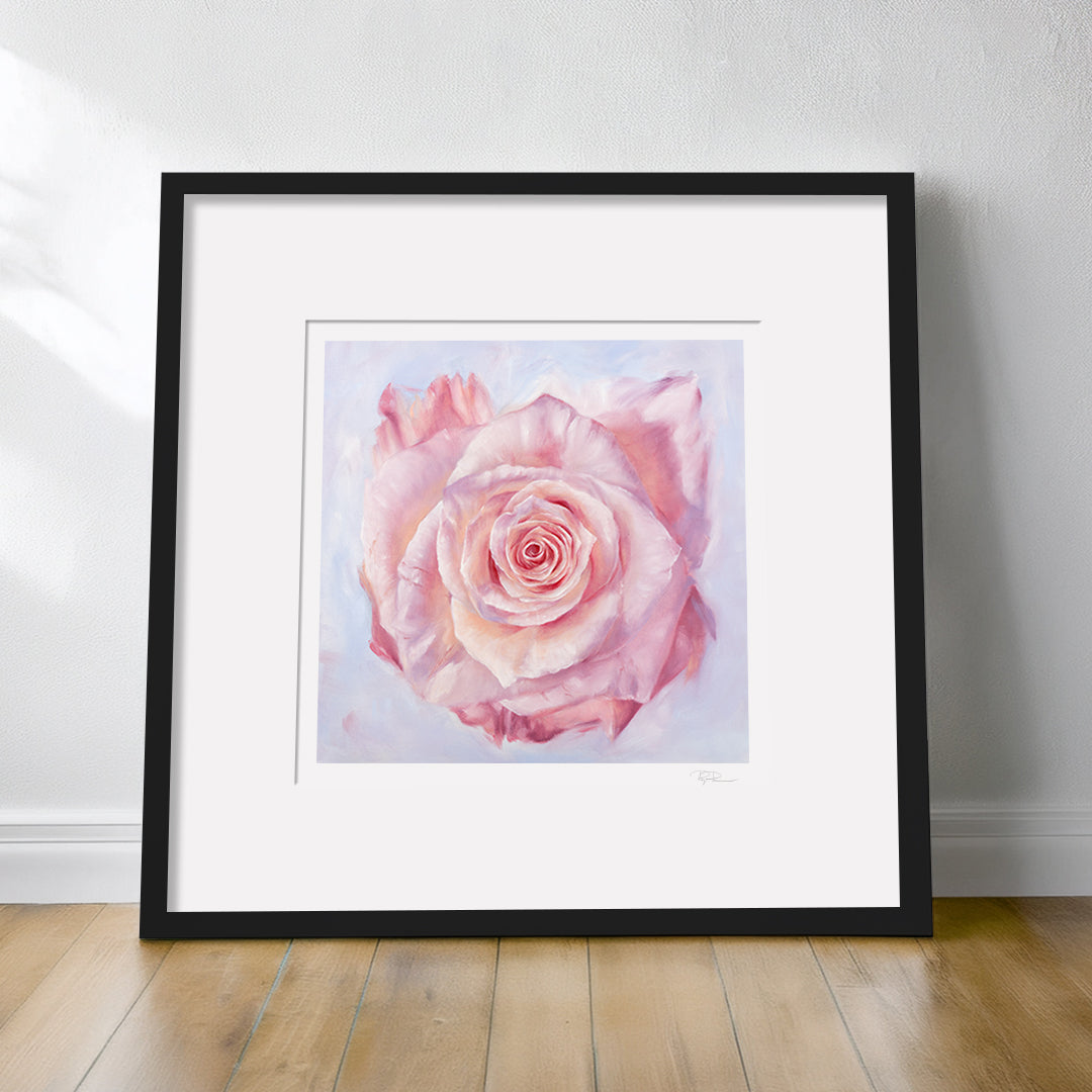 Pink Rose in a Field of Blue - Botanical Print on Fine Art Paper