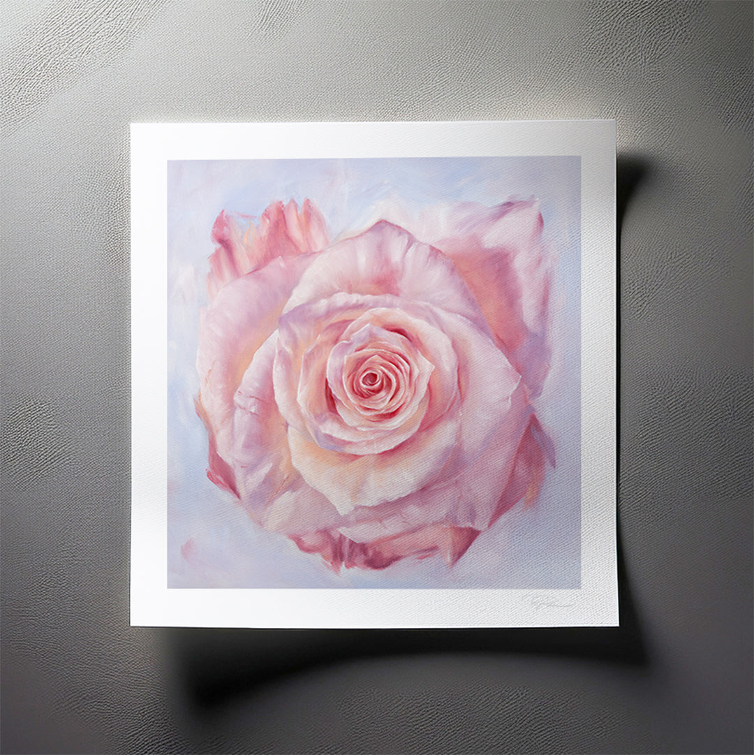 Pink Rose in a Field of Blue - Botanical Print on Fine Art Paper