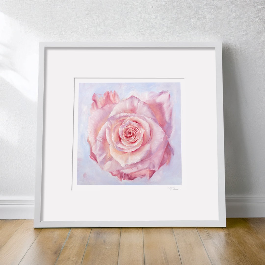 Pink Rose in a Field of Blue - Botanical Print on Fine Art Paper