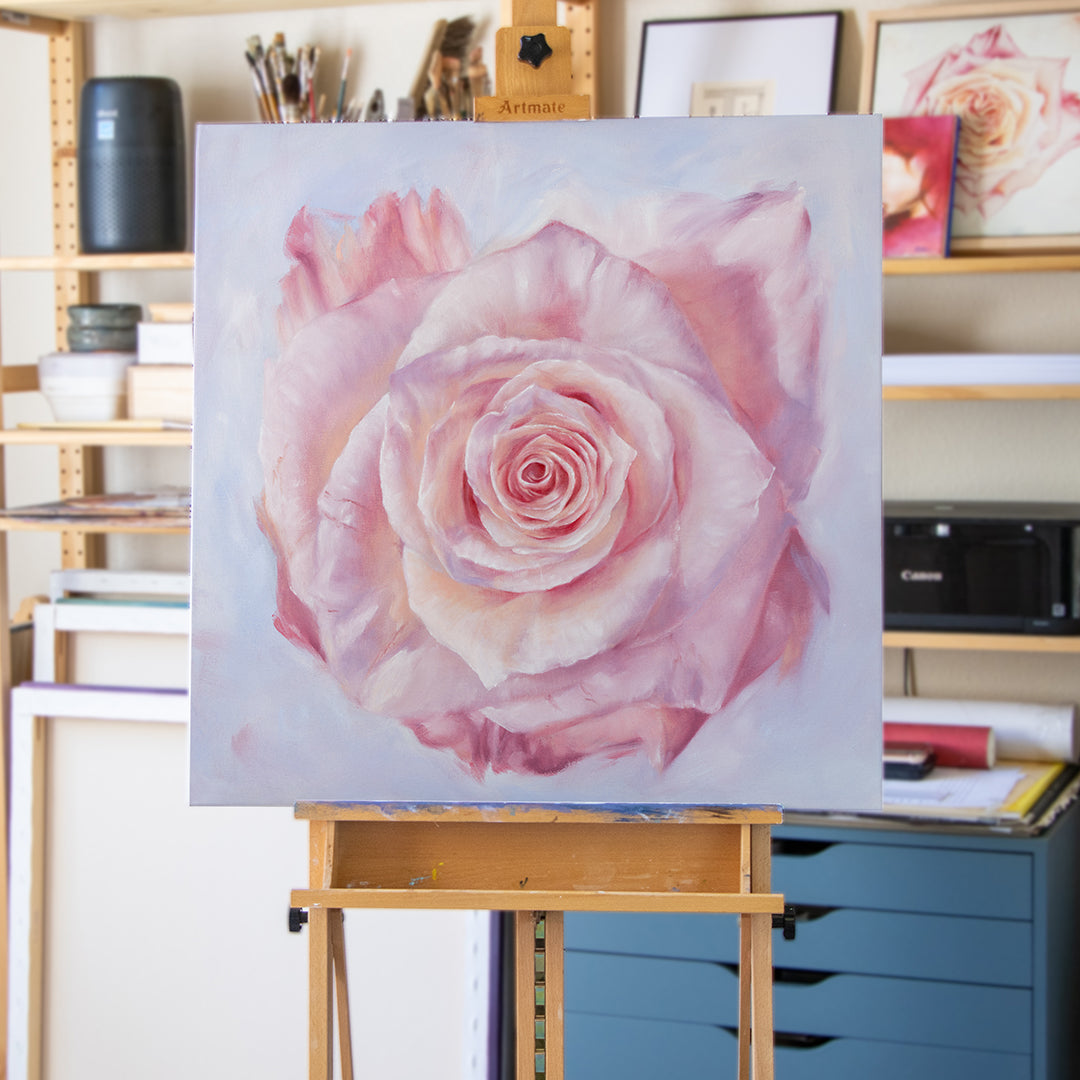 Pink Rose in a Field of Blue - Original Oil Painting by Robyn Palescandolo