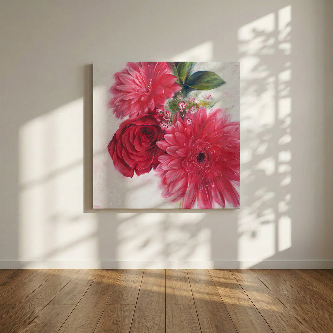 Red Gerbera Daisies and a Rose - Original Oil Painting by Robyn Palescandolo