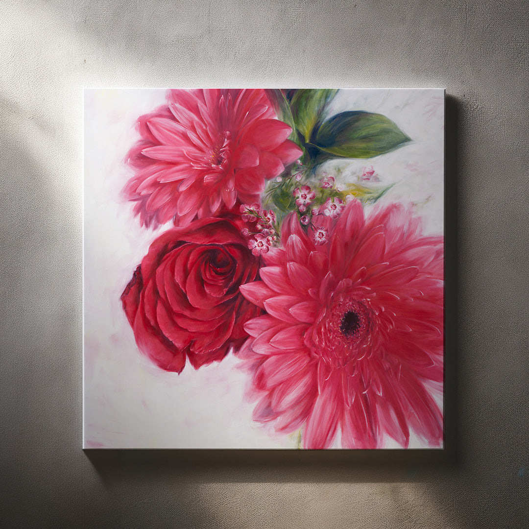 Red Gerbera Daisies and a Rose - Original Oil Painting by Robyn Palescandolo
