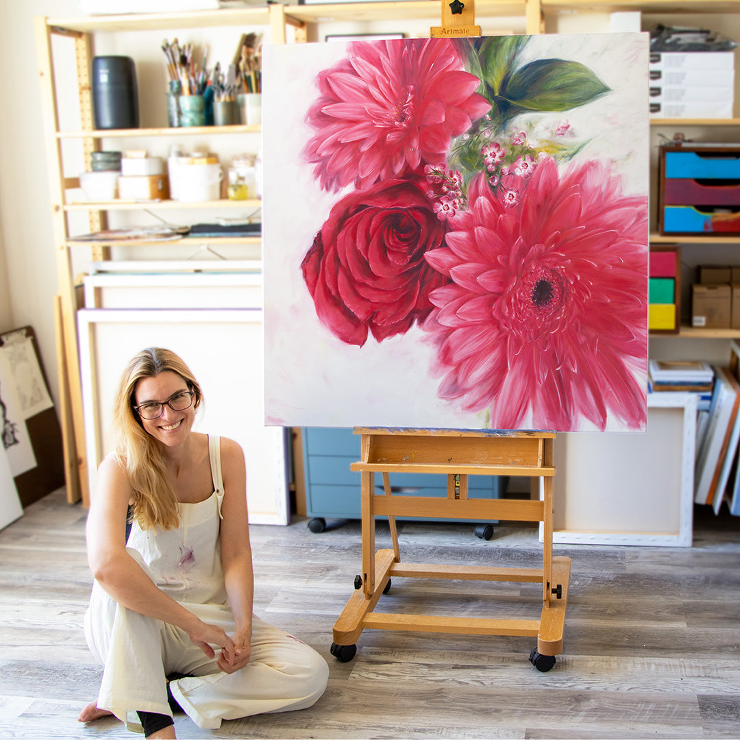Red Gerbera Daisies and a Rose - Original Oil Painting by Robyn Palescandolo