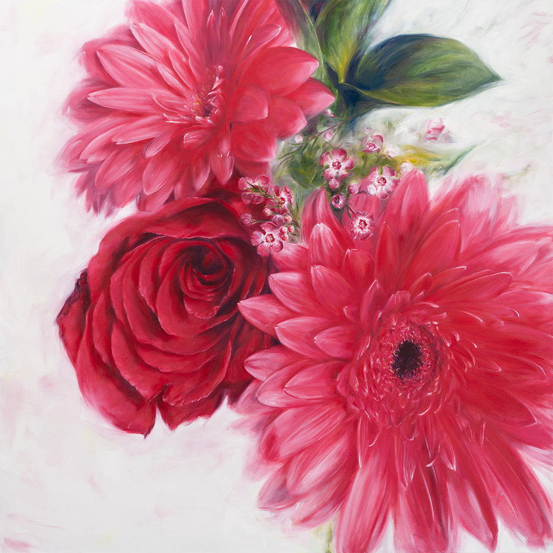 Red Gerbera Daisies and a Rose - Original Oil Painting by Robyn Palescandolo