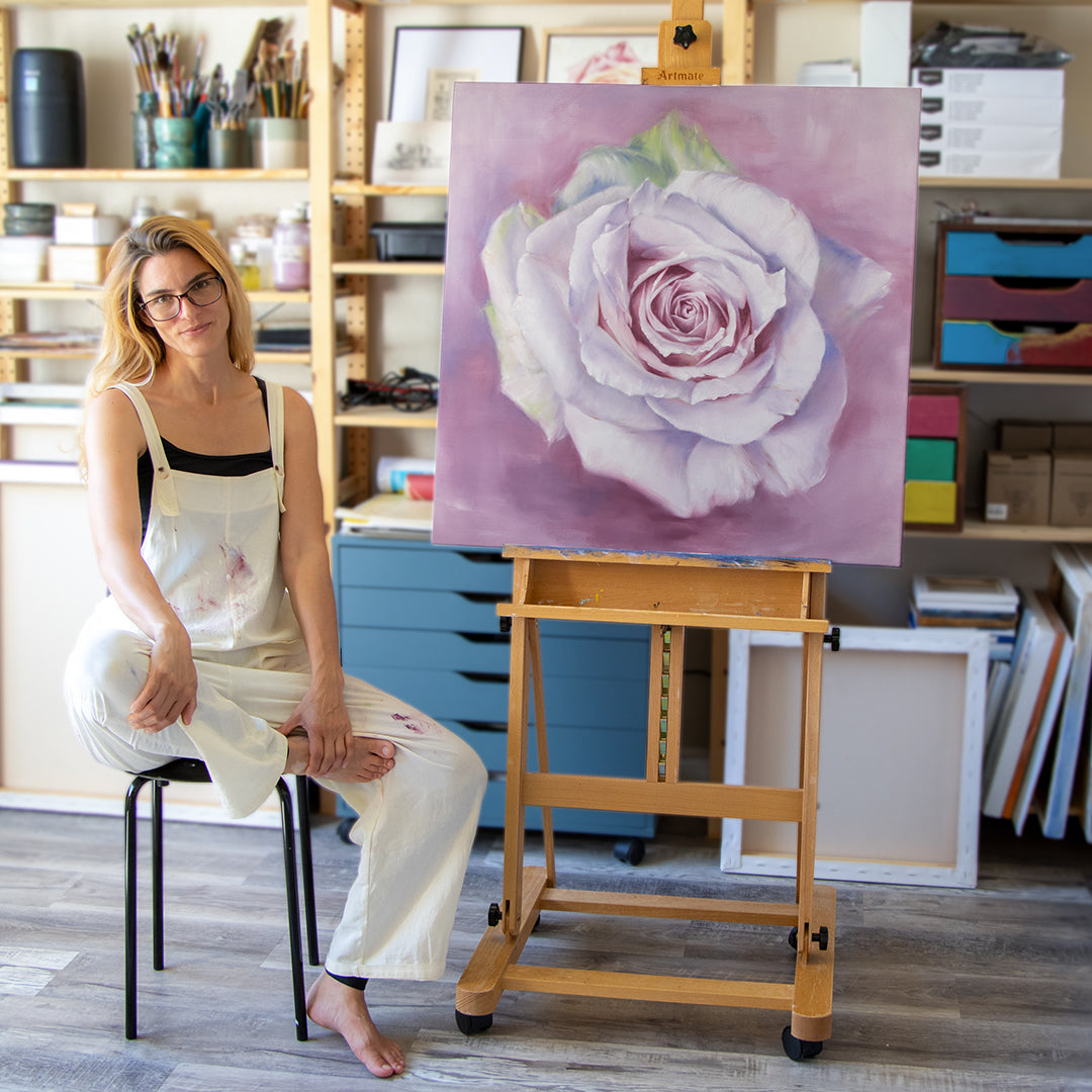 White Rose in a Lavender Haze - Original Oil Painting by Robyn Palescandolo