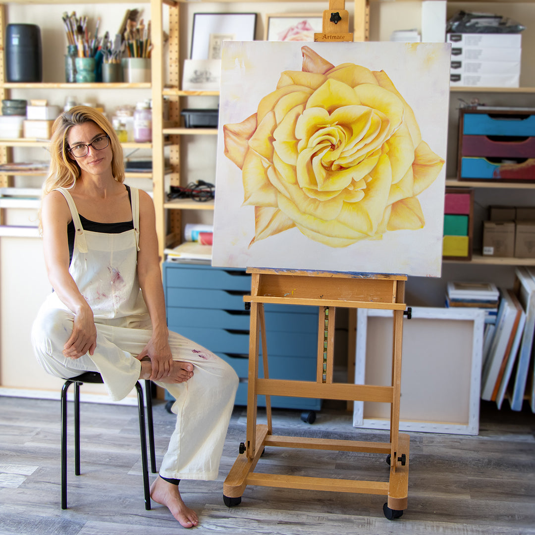 Yellow Heirloom Rose - Original Oil Painting by Robyn Palescandolo