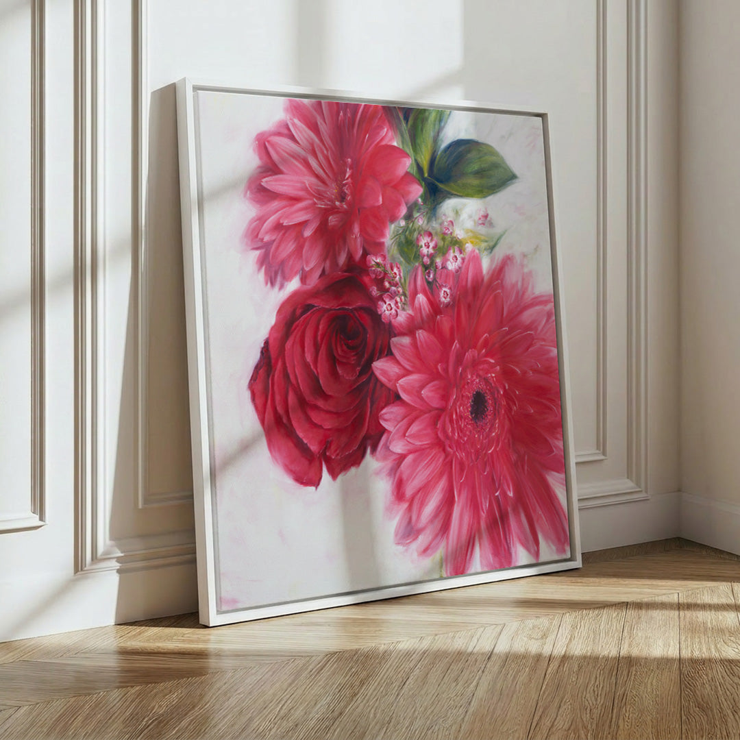 Red Gerbera Daisies and a Rose - Original Oil Painting by Robyn Palescandolo